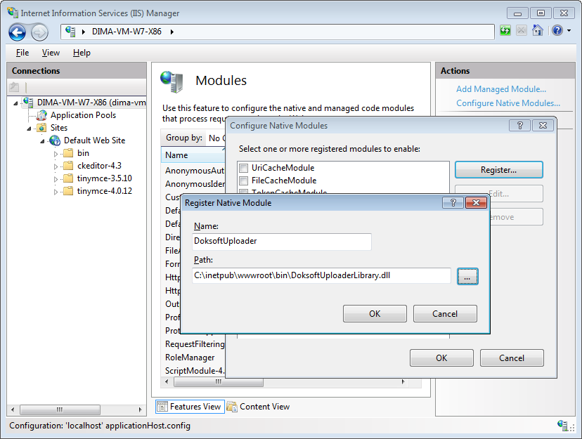 ASP.NET uploader configuring register native IIS module screenshot