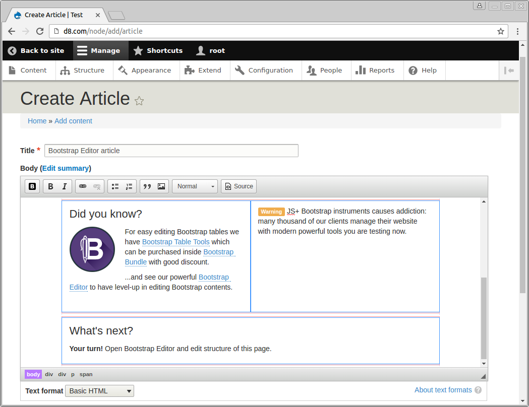 Creating new article using CKEditor Bootstrap Editor in Drupal 8