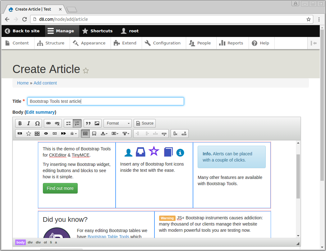 Creating new article using CKEditor Bootstrap Tools in Drupal 8