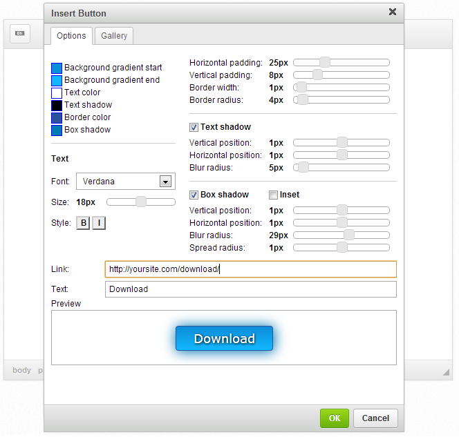 CKEditor Button options screenshot
