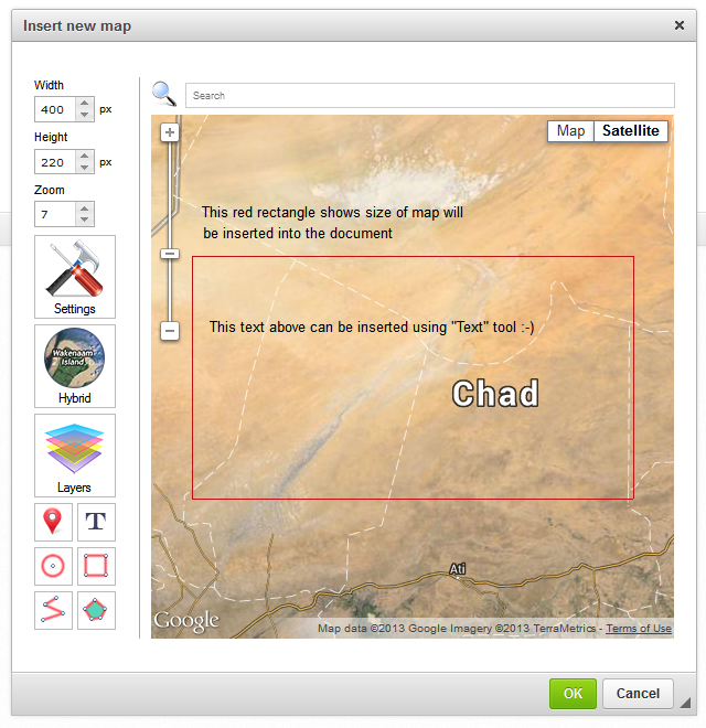 CKEditor Google Maps rectangle area with text screenshot