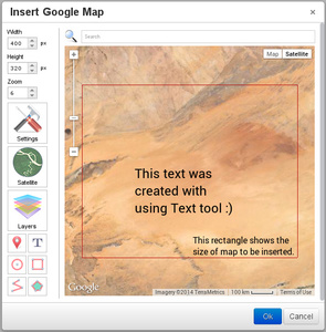 TinyMCE Google Maps rectangle area with text screenshot