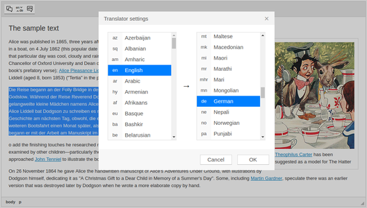 CKEditor Translator settings screenshot