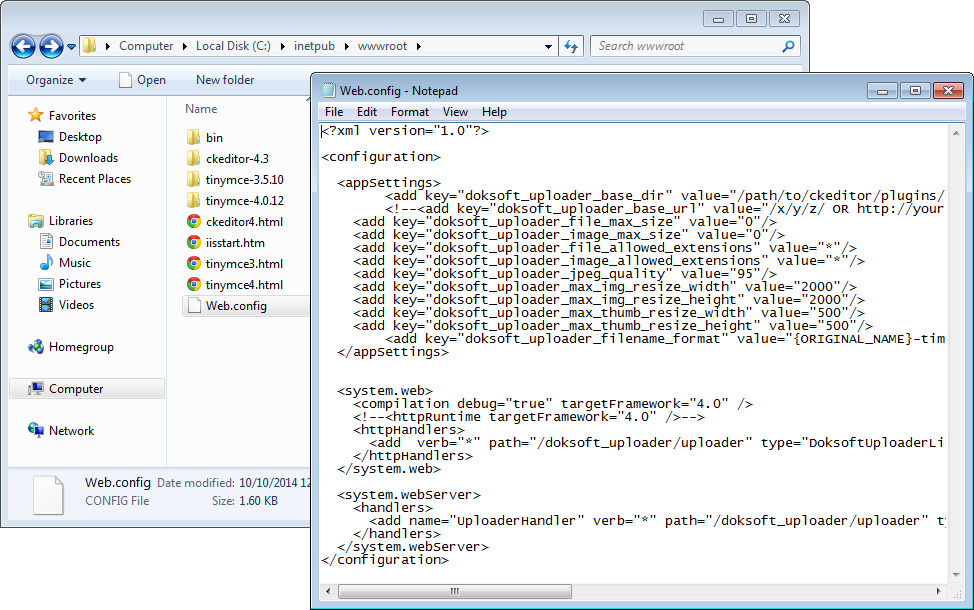 ASP.NET uploader configuring edit web config screenshot