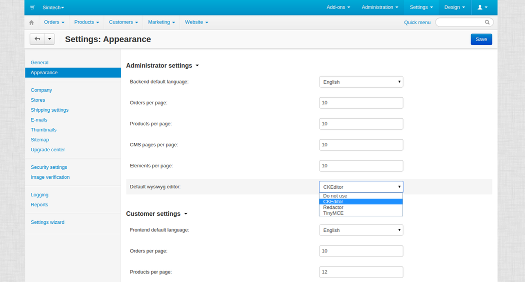 CS Cart settinds default wysiwygscreenshot