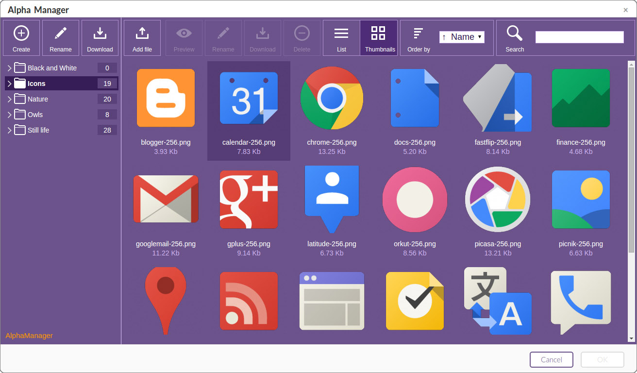 Mono violet skin screenshot of File Manager