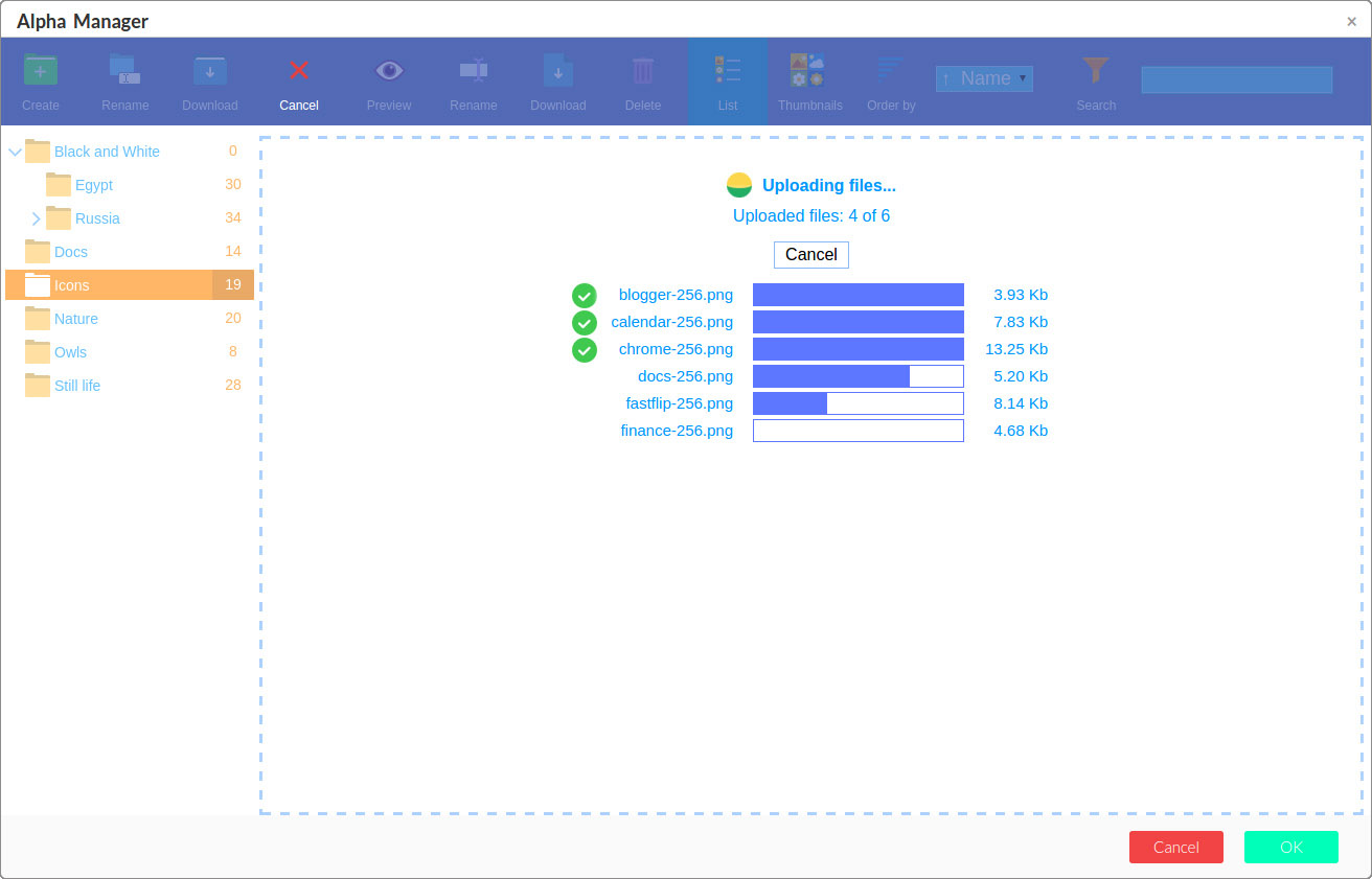 File Manager uploading screenshot