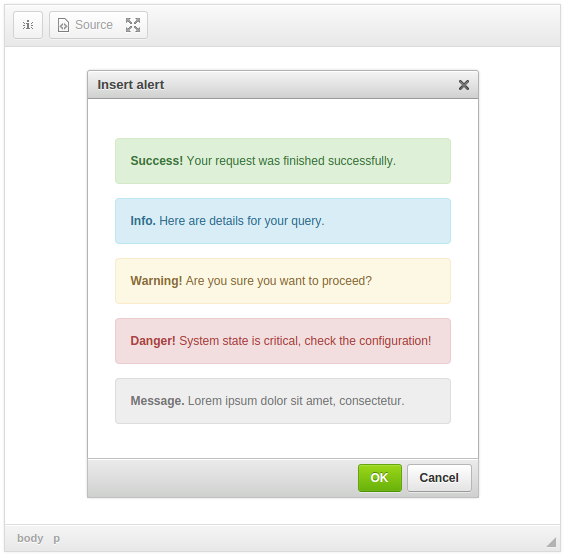 CKEditor Alert dialog screenshot