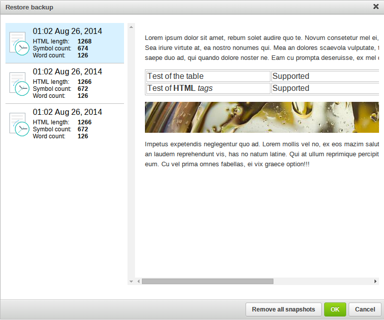 TinyMCE Backup screenshot