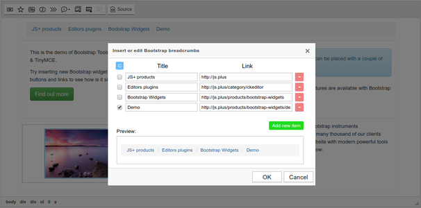 Bootstrap Breadcrumbs dialog screenshot