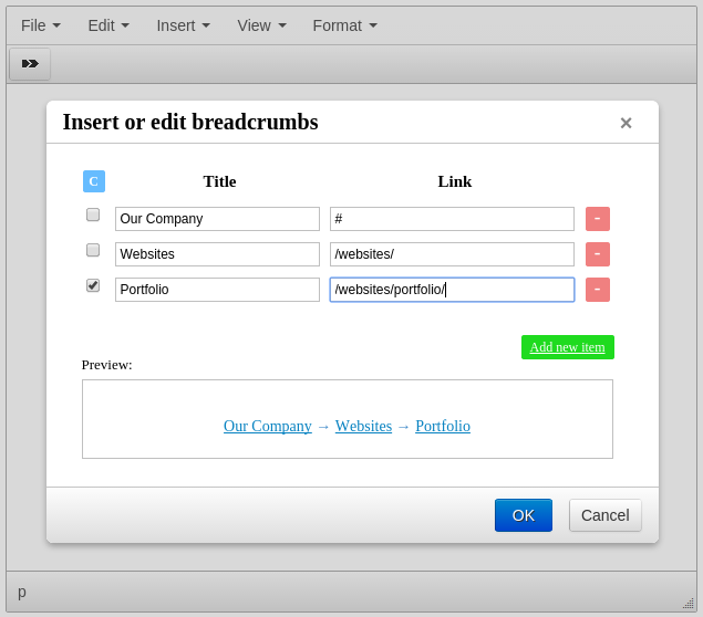 TinyMCE Breadcrums dialog screenshot