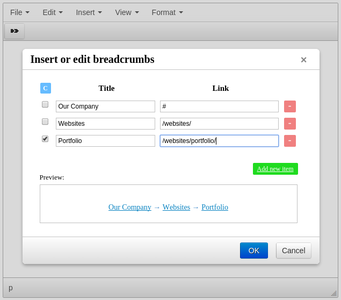 TinyMCE Breadcrums dialog screenshot