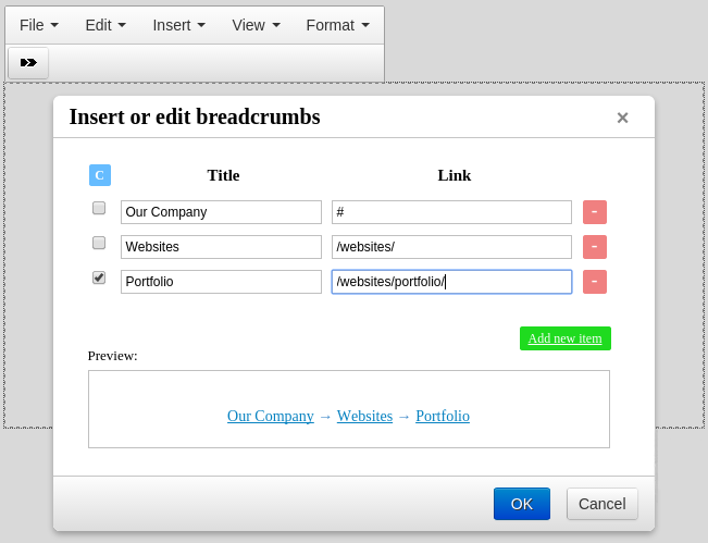 TinyMCE Breadcrums inline screenshot