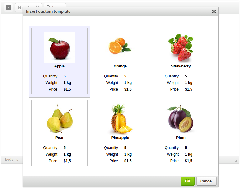 CKEditor Custom Templates dialog screenshot