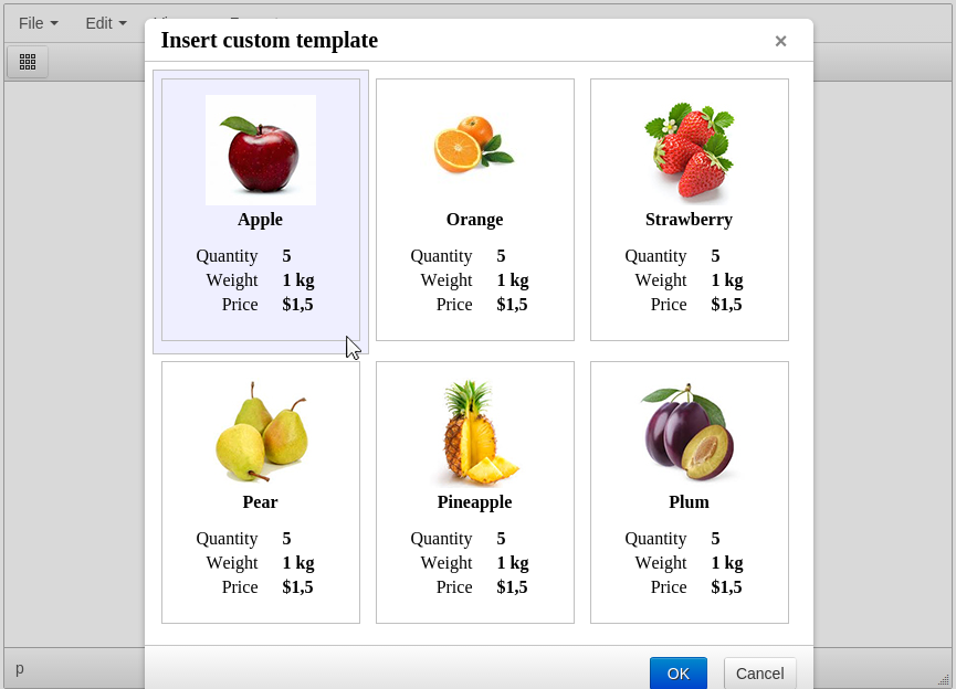 TinyMCE Custom Templates dialog screenshot