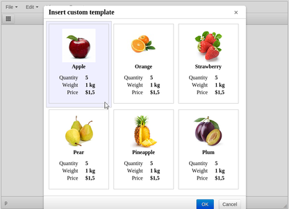 TinyMCE Custom Templates dialog screenshot