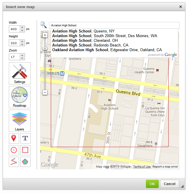 CKEditor Google Maps search screenshot