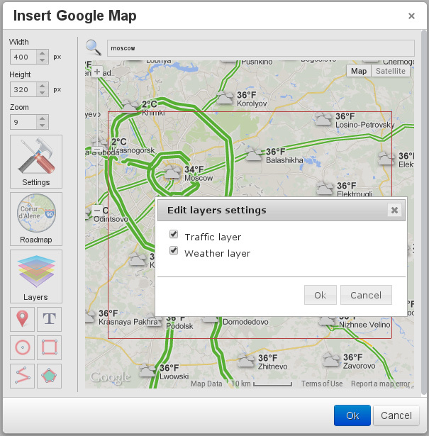 TinyMCE Google Maps layers screenshot