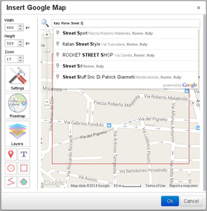TinyMCE Google Maps search screenshot