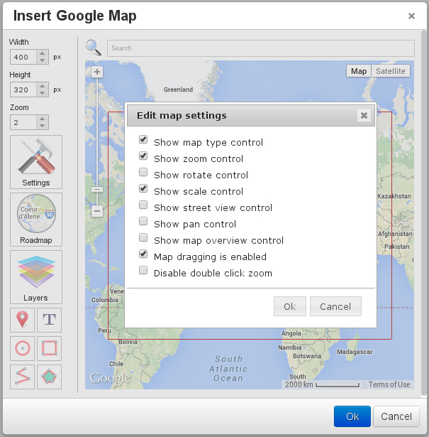 TinyMCE Google Maps settings screenshot