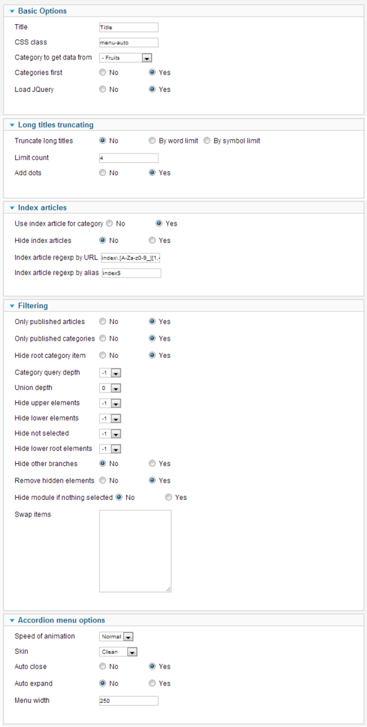 Joomla Auto Category Accordion Menu  options screenshot