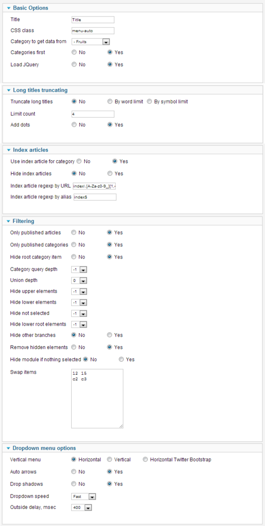 Joomla Auto Category Dropdown Menu  options screenshot