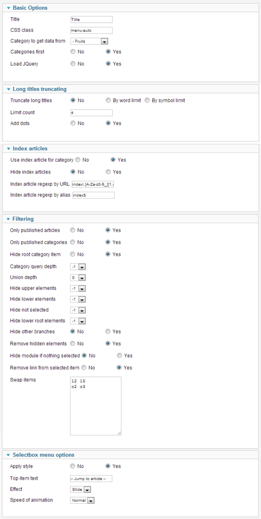 Joomla Auto Category Select Jump Menu options