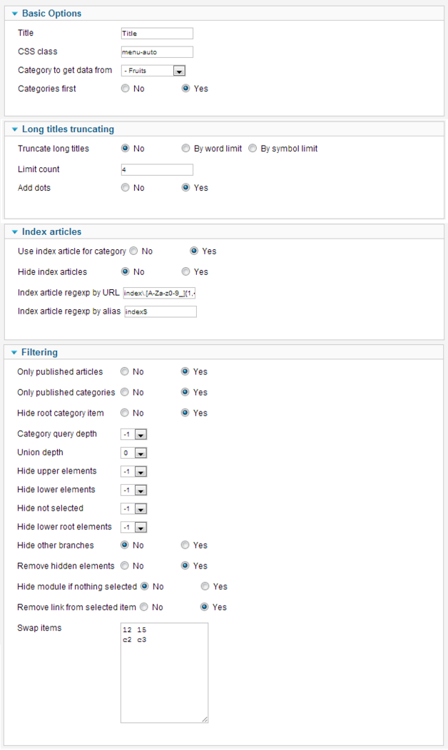 Joomla Auto Category Tree Menu options