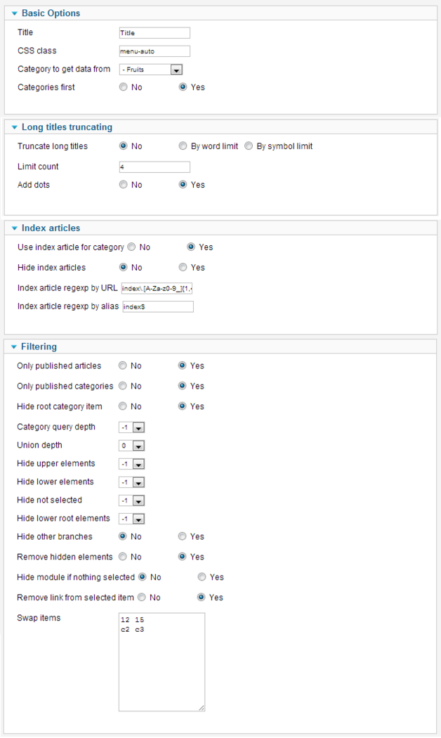 Joomla Auto Category Tree Menu options screenshot