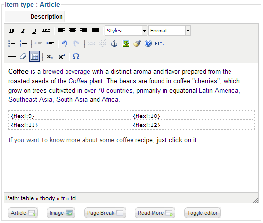 Joomla Flexicontent Anywhere backend screenshot