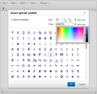 TinyMCE Special Symbol dialog screenshot